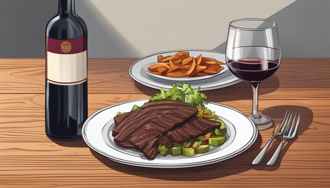 A bottle of red wine next to a plate of beef barbacoa, with a wine glass and a fork on a wooden table