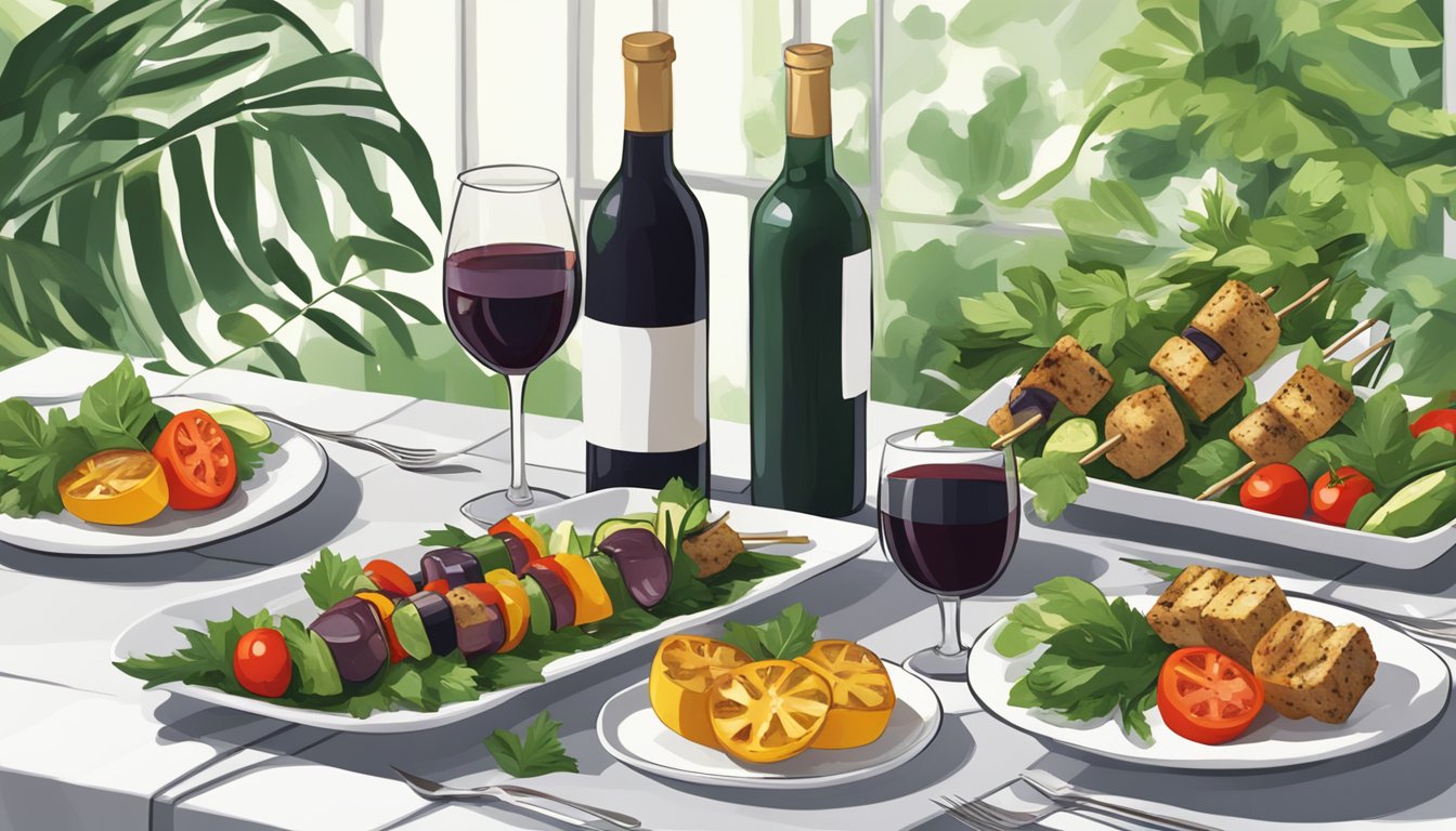 A table set with grilled vegetable kebabs and a bottle of red wine, surrounded by lush greenery and soft candlelight