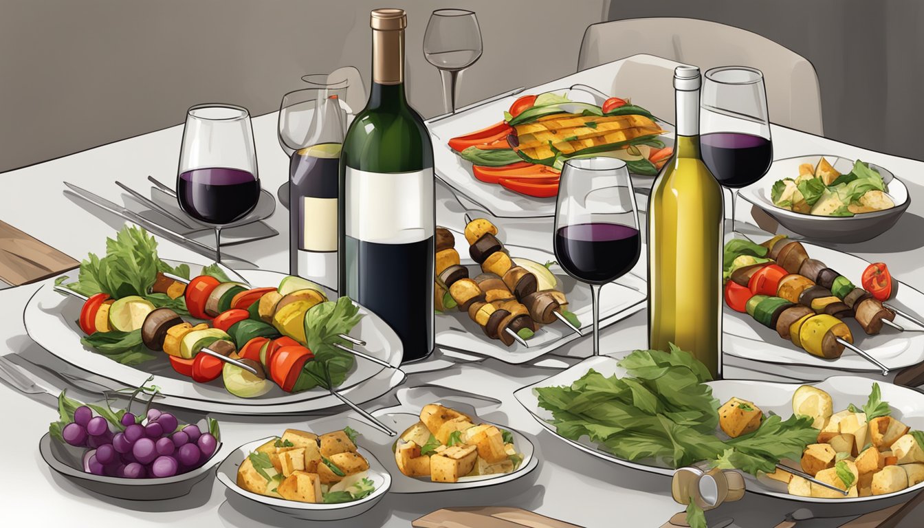 A table set with a variety of grilled vegetable kebabs, accompanied by an assortment of wine bottles and glasses