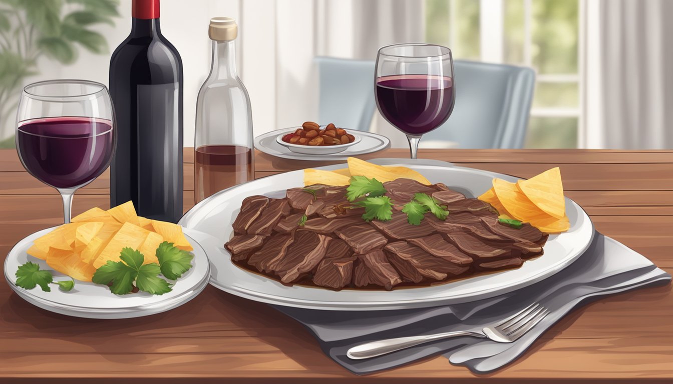 A table set with a steaming plate of beef barbacoa, accompanied by a bottle of red wine and elegant wine glasses