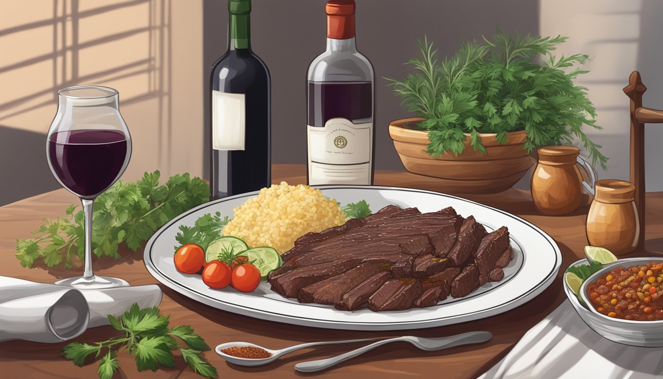 A table set with a steaming plate of beef barbacoa alongside a bottle of red wine, surrounded by fresh herbs and spices