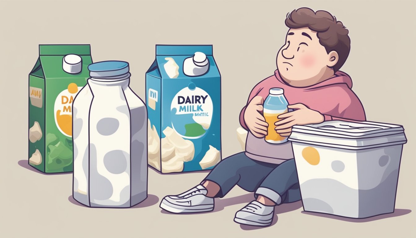 A person with a bloated stomach after consuming dairy products, surrounded by empty milk cartons and discomfort