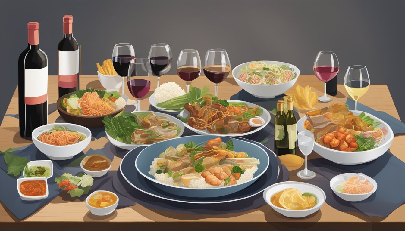 A table set with a spread of Singaporean dishes, surrounded by bottles of wine and wine glasses