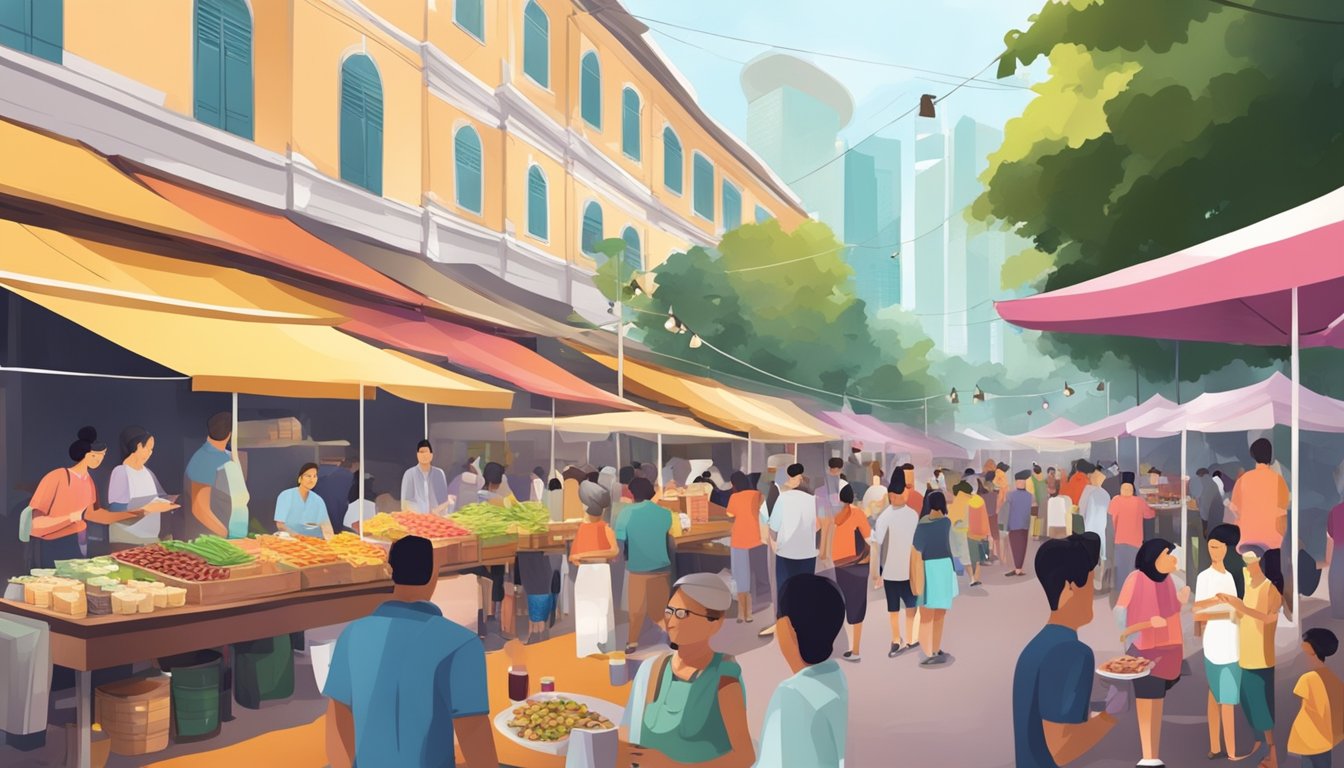 A bustling street food market in Singapore, with colorful stalls and aromatic dishes, surrounded by people enjoying wine and snacks