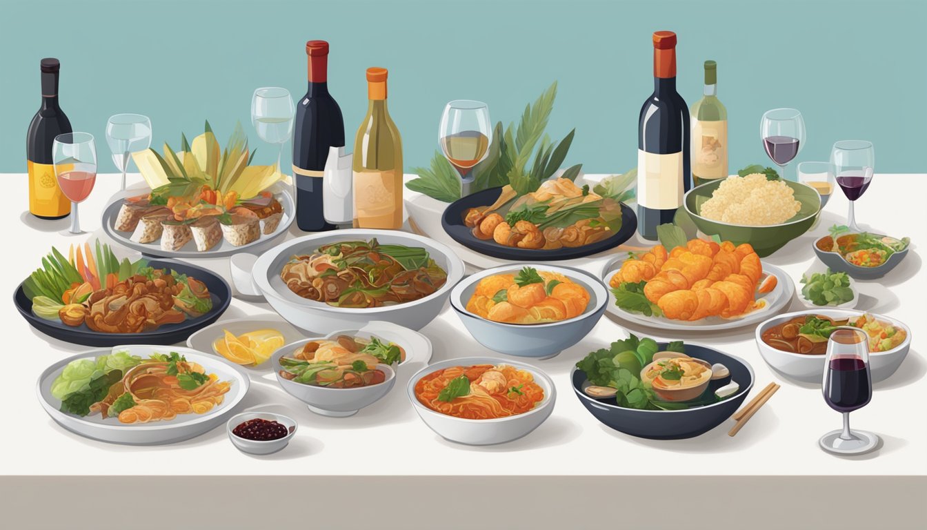 A table set with a spread of Singaporean dishes and an array of wine bottles, showcasing the fusion of unusual varietals and ethnic influences