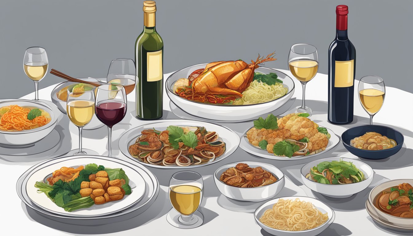 A table set with a variety of Singaporean dishes and glasses of red and white wine, with a bottle of each on the side