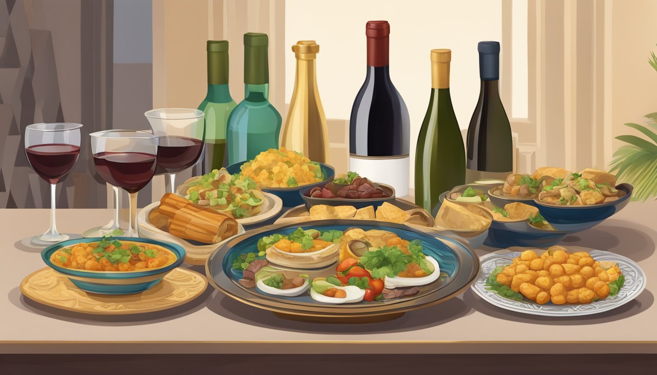 A table set with Egyptian dishes and wine bottles, showcasing the pairing of traditional Egyptian food with various types of wine