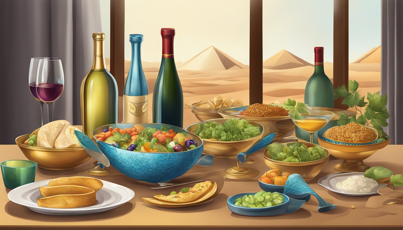 A table set with Egyptian dishes and various wine bottles