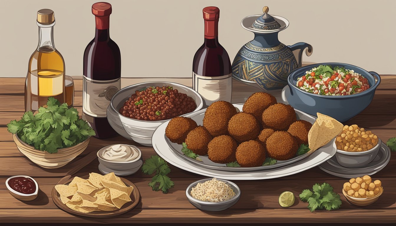 A bottle of red wine sits next to a spread of Egyptian dishes, including koshari and falafel, on a rustic wooden table