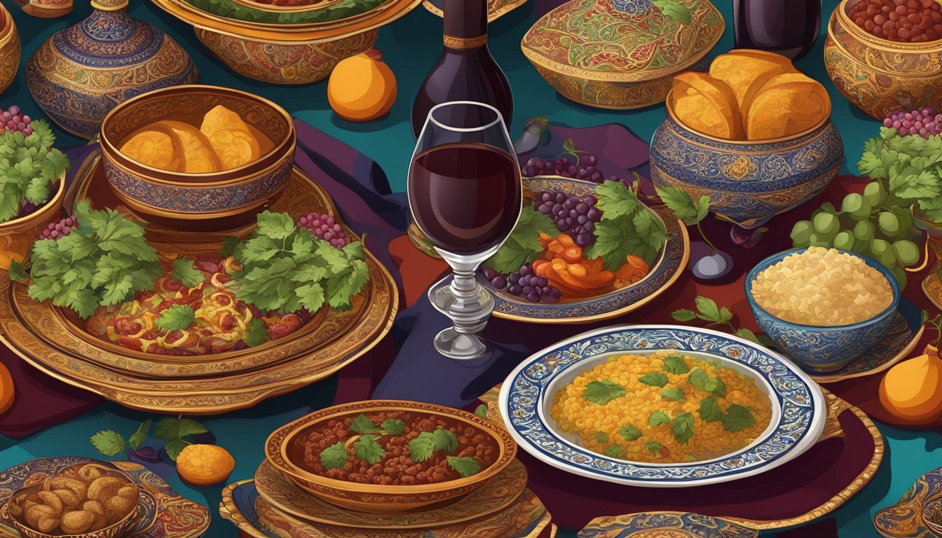 A table set with traditional Iranian dishes and a bottle of red wine. Rich colors and intricate patterns adorn the tablecloth and dishes