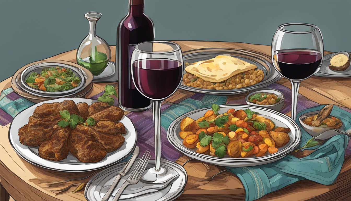 A table set with a spread of Afghan dishes, accompanied by a bottle of red wine and a glass