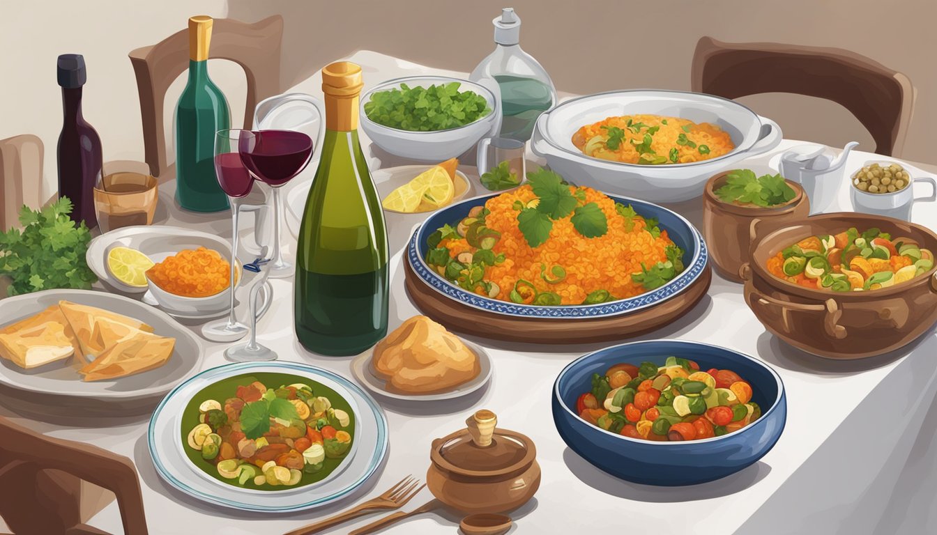 A table set with colorful Persian vegetarian dishes and a selection of wine bottles