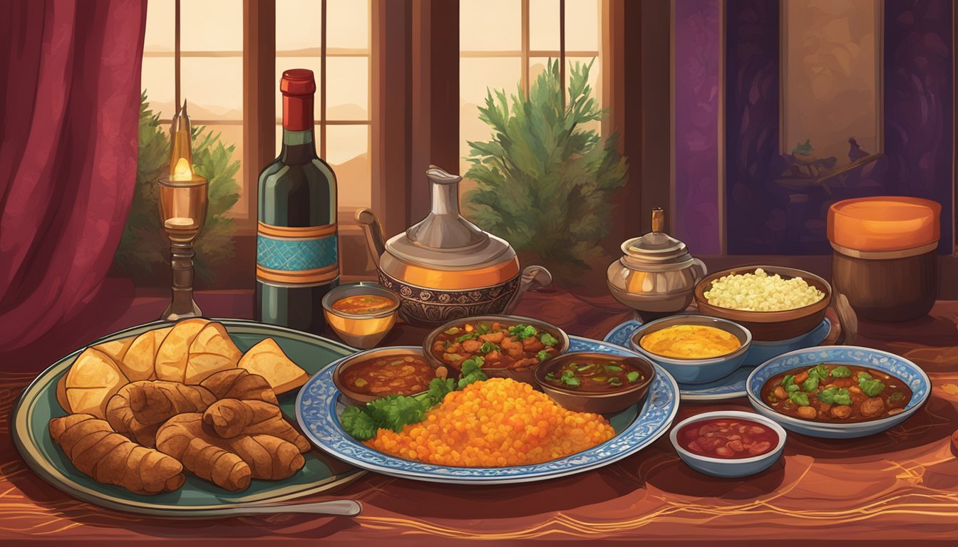 A table set with a steaming plate of Afghan food and a bottle of red wine, surrounded by traditional decor and warm lighting