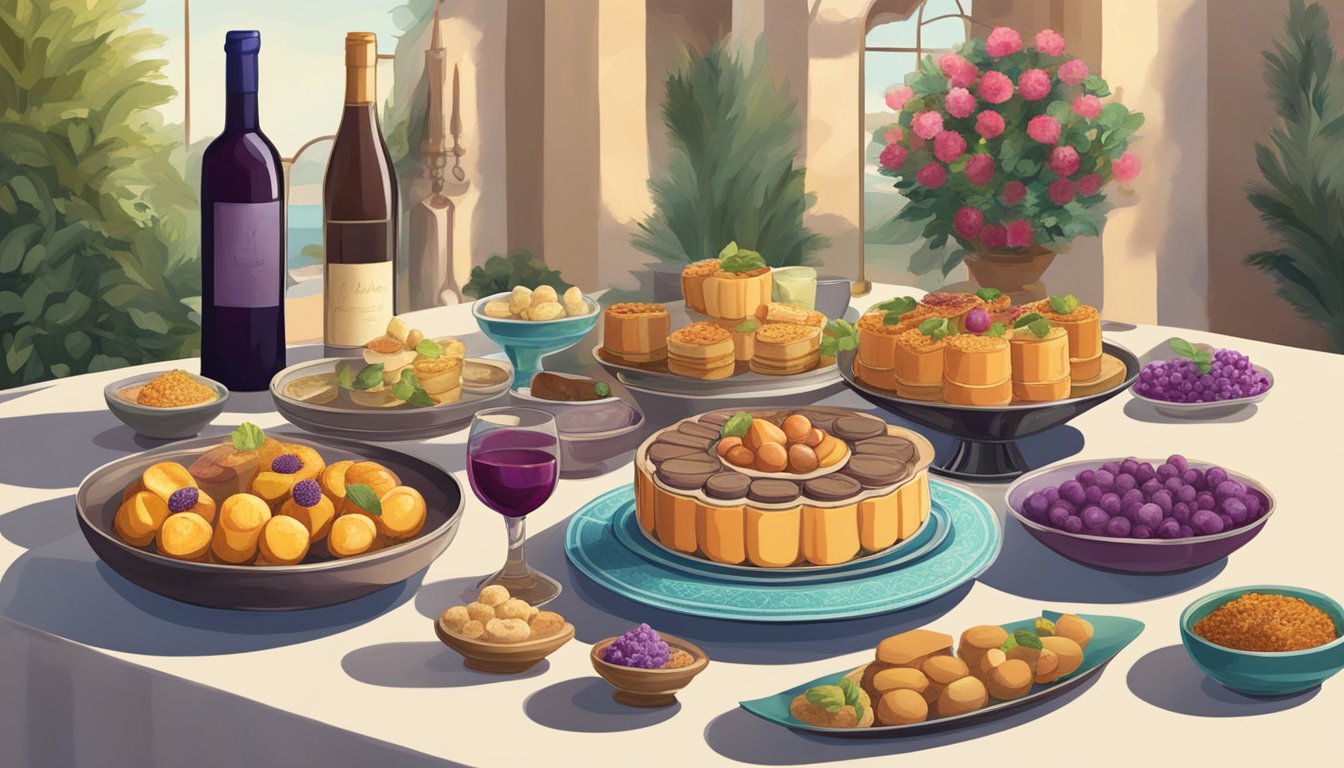 A table set with a spread of Persian desserts alongside various bottles of wine