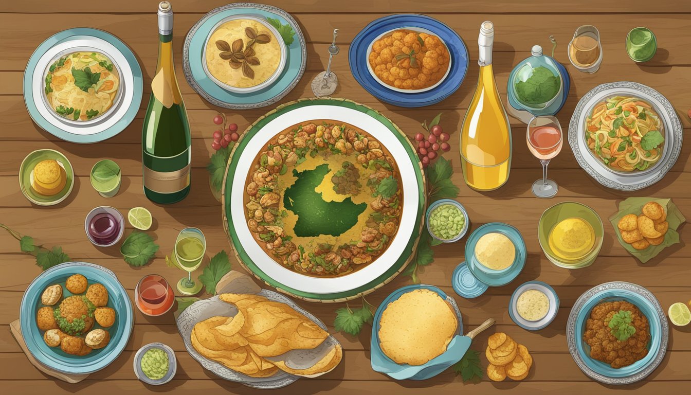 A table set with traditional Iranian dishes and a variety of wine bottles, with a map of Iran in the background, showcasing regional variations