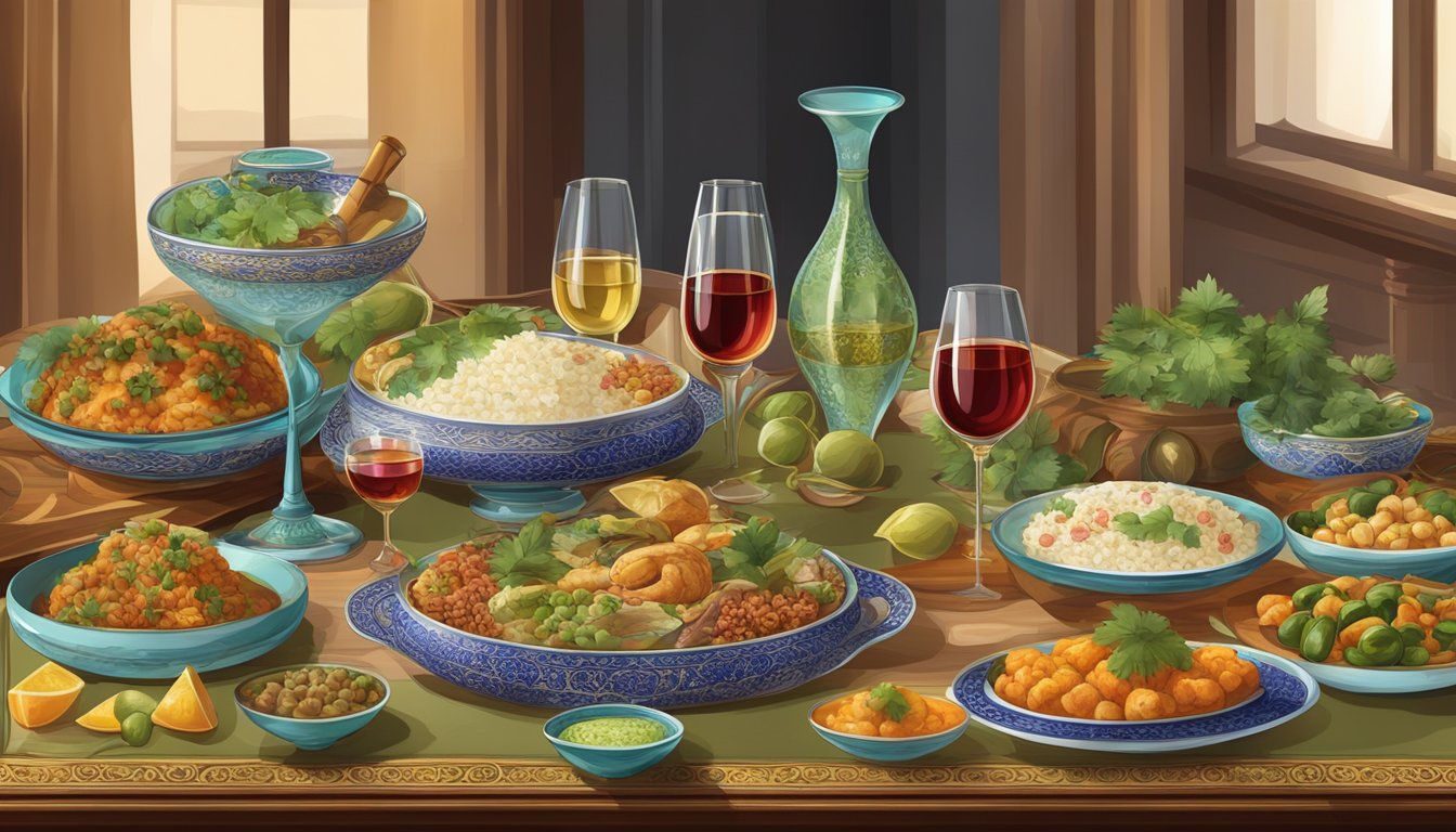 A table set with traditional Iranian dishes and a selection of Persian wines, with elegant glassware and decorative elements