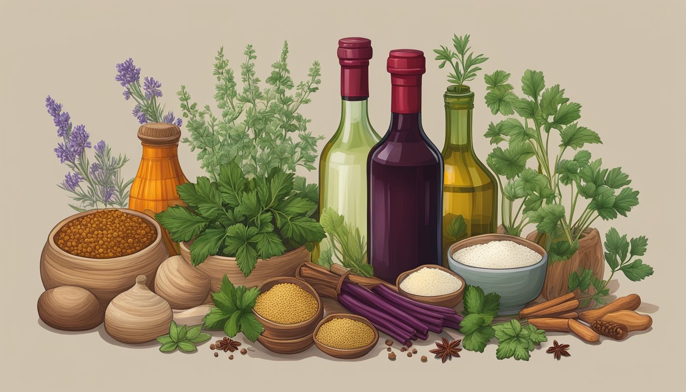 A bottle of red wine surrounded by various herbs and spices commonly used in Afghan cuisine, such as coriander, cumin, and saffron