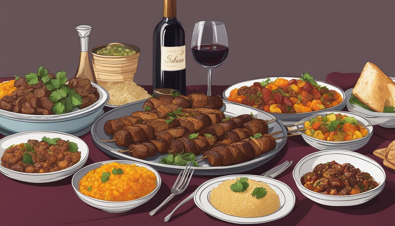 A bottle of red wine next to a spread of Persian dishes, including kebabs, rice, and saffron-infused stews