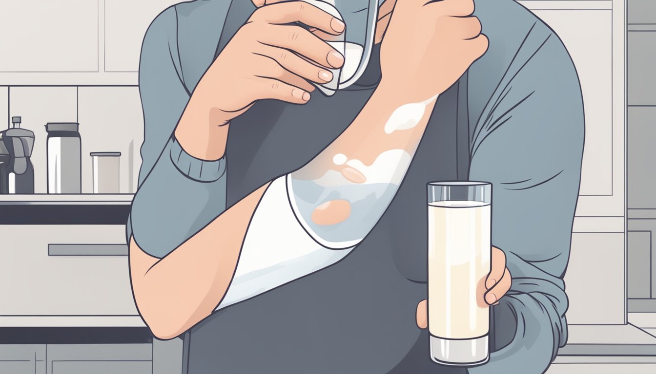 A person holding a glass of milk with red, itchy skin patches appearing on their arm