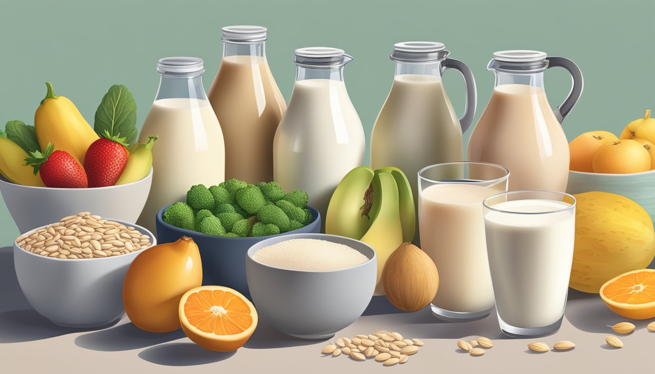 A variety of dairy alternatives such as almond milk, soy milk, and oat milk next to a bowl of fresh fruits and vegetables