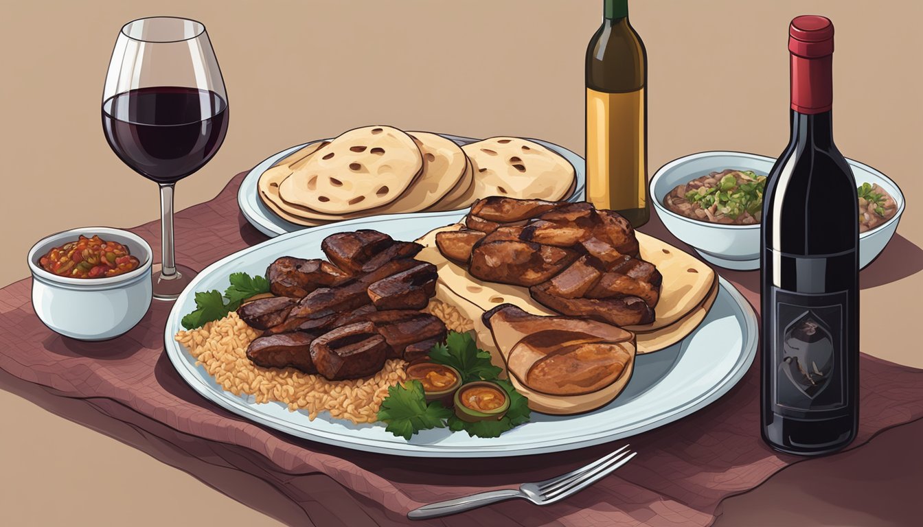 A table set with a spread of grilled meats, rice, and naan bread, accompanied by a bottle of red wine and a glass