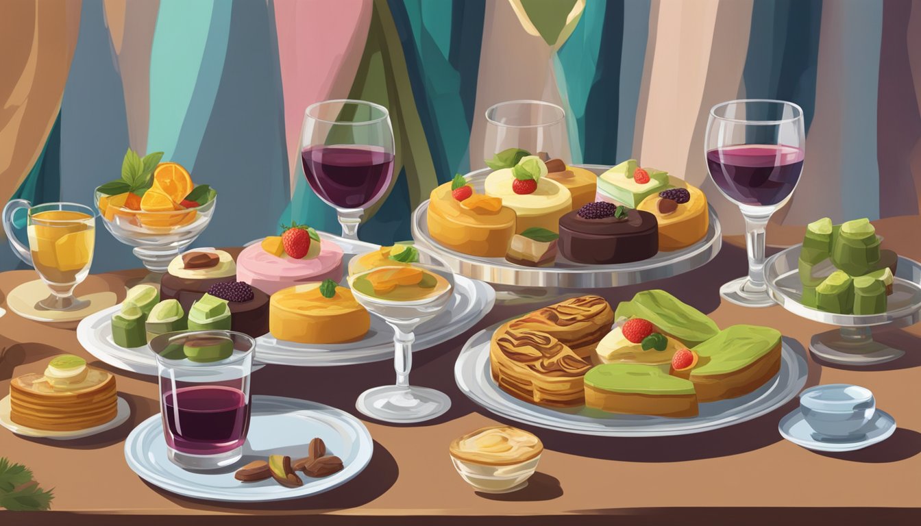 A table set with assorted Afghan desserts and glasses of wine