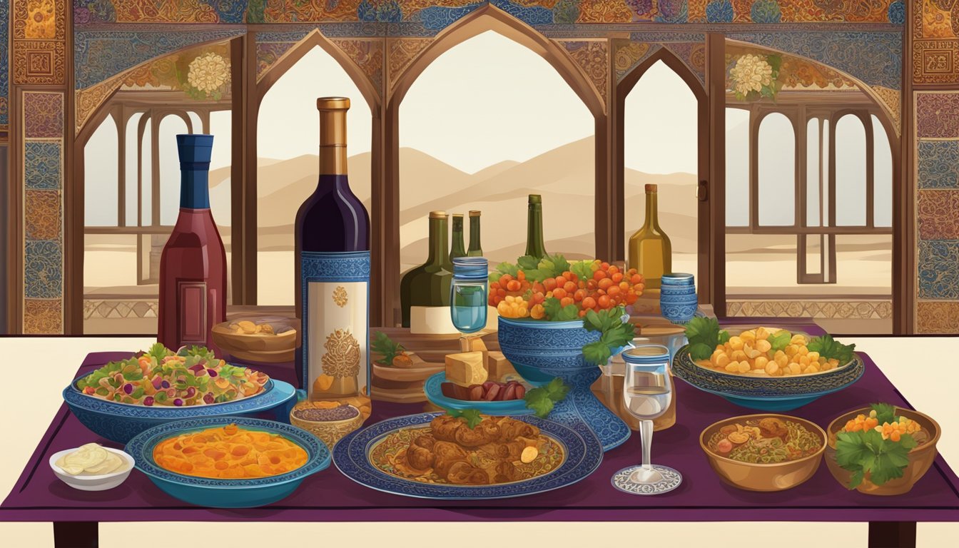 An elegant table set with Afghan cuisine and various wine bottles, with rich colors and intricate patterns