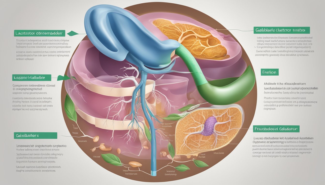 A diagram showing the digestive system with a focus on the gallbladder, highlighting the potential impact of lactose intolerance on gallbladder function