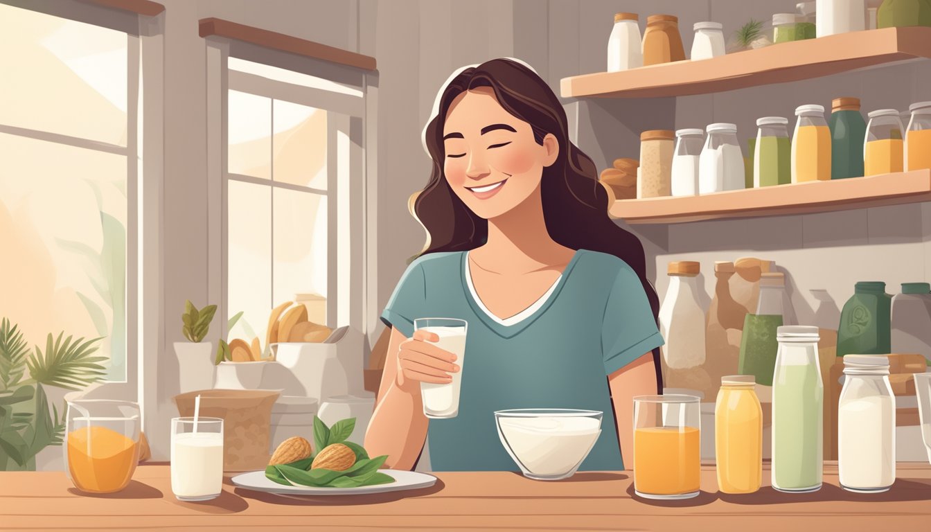 A person happily enjoying a variety of dairy-free foods and beverages, such as almond milk, soy yogurt, and lactose-free cheese, while feeling calm and relaxed