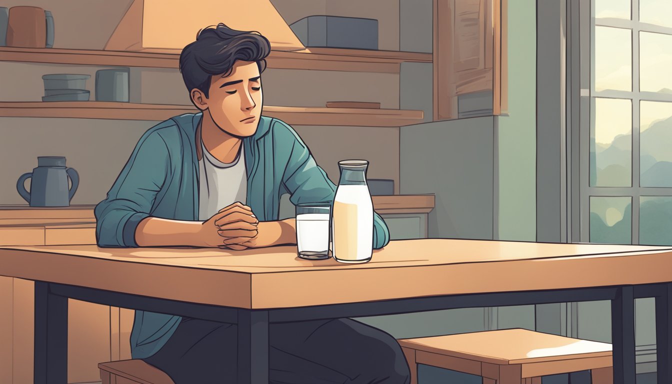 A person sitting alone at a table, looking distressed while staring at a glass of milk. The person's body language suggests anxiety