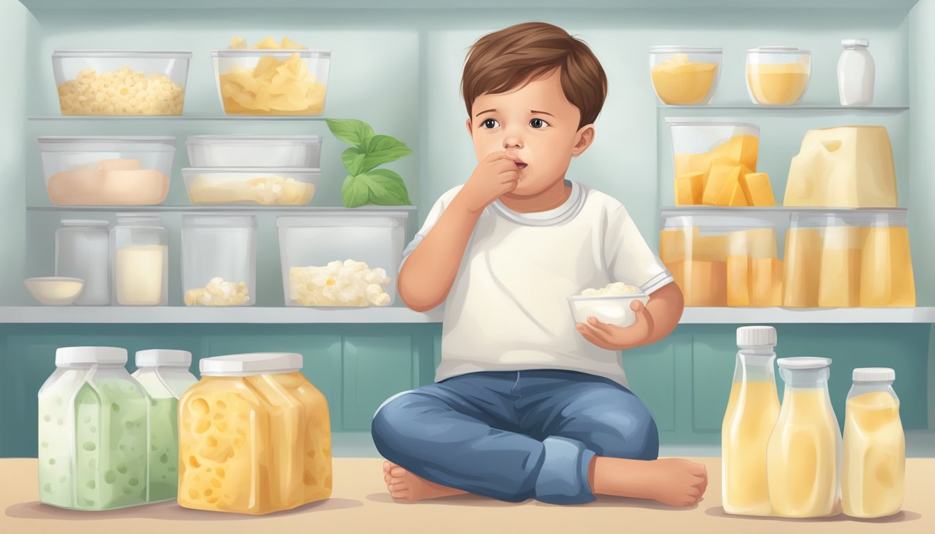 A child with ASD avoids dairy products, clutching their stomach in discomfort after consuming lactose