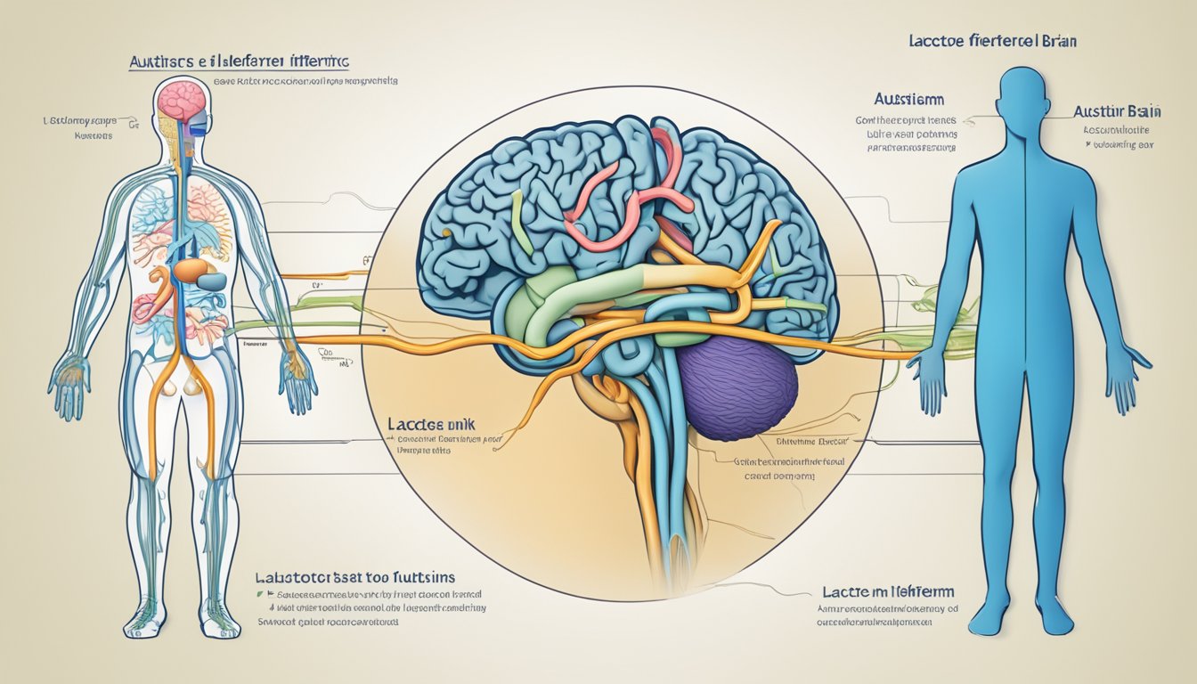 A diagram showing a direct link between the gut and the brain, with a focus on lactose intolerance and its potential connection to autism