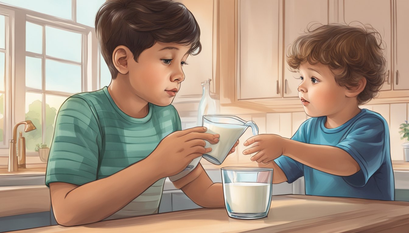 A child with autism avoids dairy products, reaching for a glass of lactose-free milk while a worried parent looks on