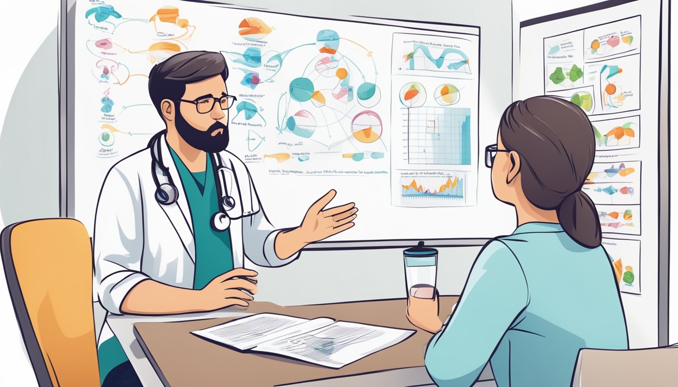 A doctor explaining lactose intolerance and autism to a concerned parent, with diagrams and charts on a whiteboard