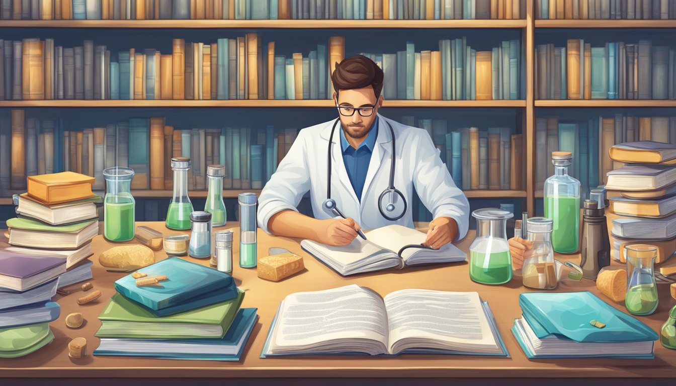 A person researching Celiac Disease and lactose intolerance, surrounded by medical books and articles, with a microscope and test tubes on the table