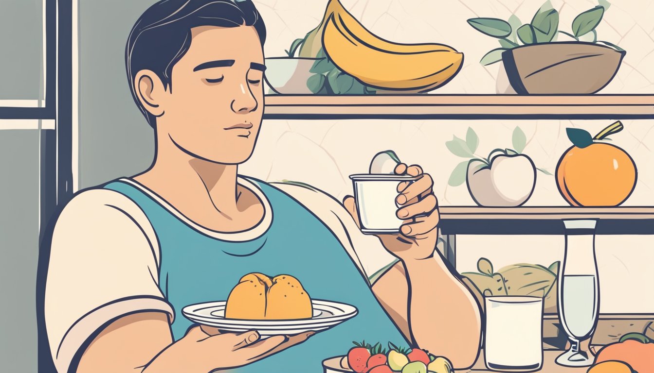 A person holding a glass of milk, next to a plate of bread and a bowl of fruits. The person looks uncomfortable and is rubbing their stomach