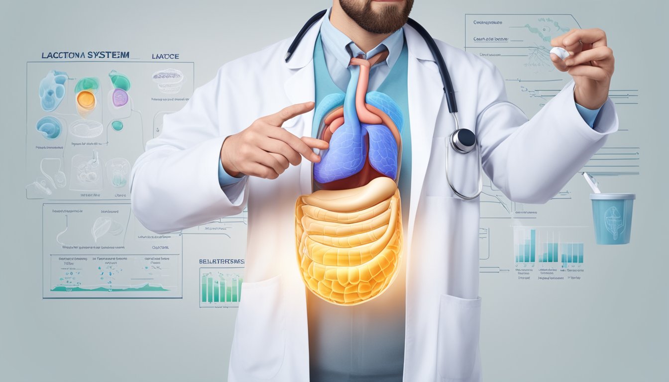 A doctor pointing to a diagram of the digestive system, explaining the relationship between lactose intolerance and celiac disease