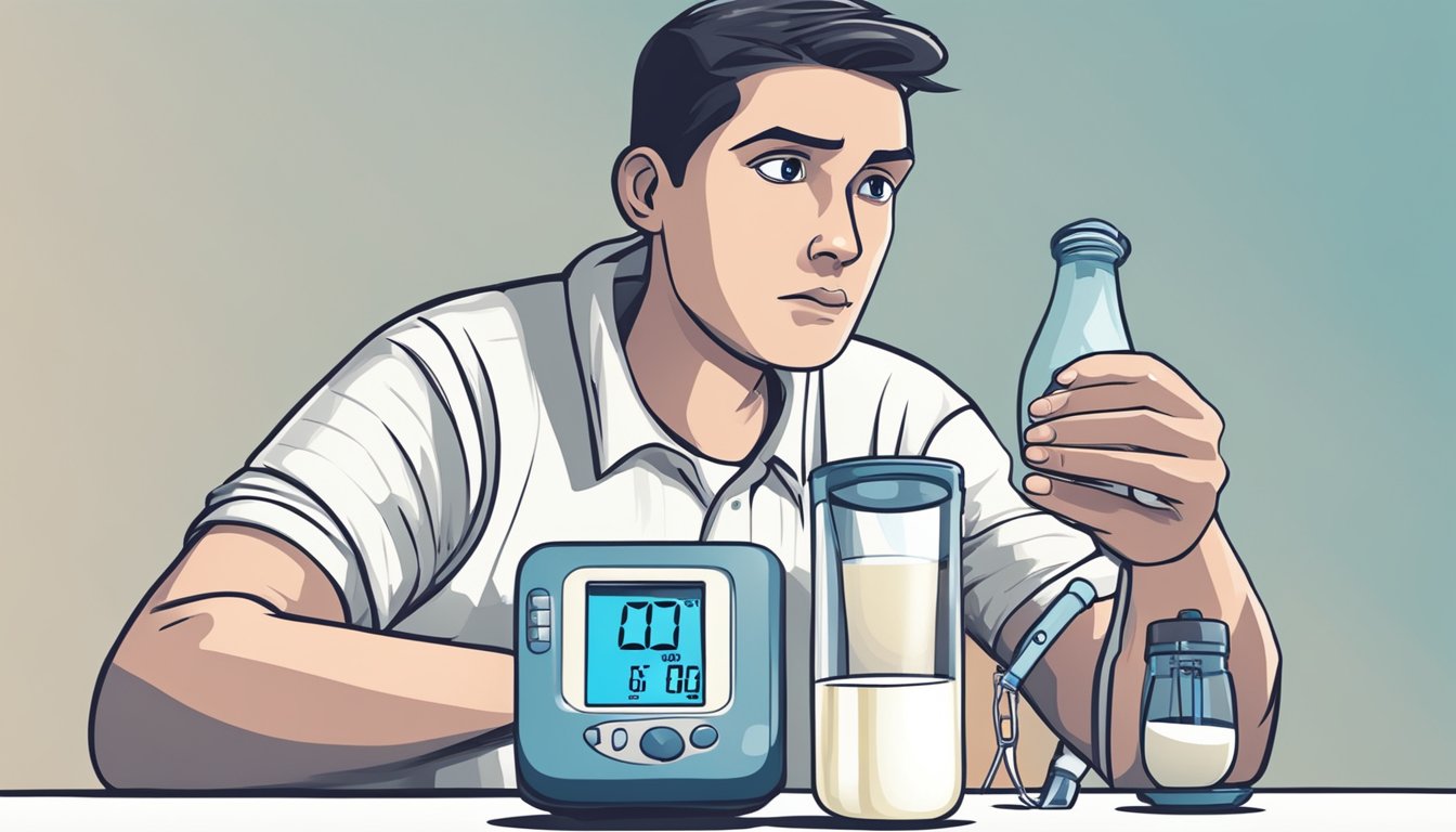 A person holding a glass of milk, next to a blood sugar monitor and a diabetes medication, with a puzzled expression