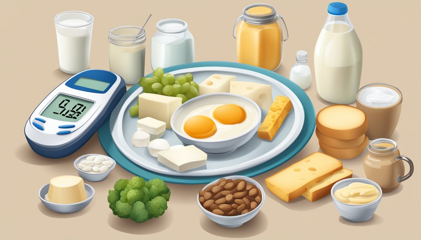 A table with a variety of foods, including dairy products and glucose monitors, with a medical chart showing the relationship between lactose intolerance and diabetes