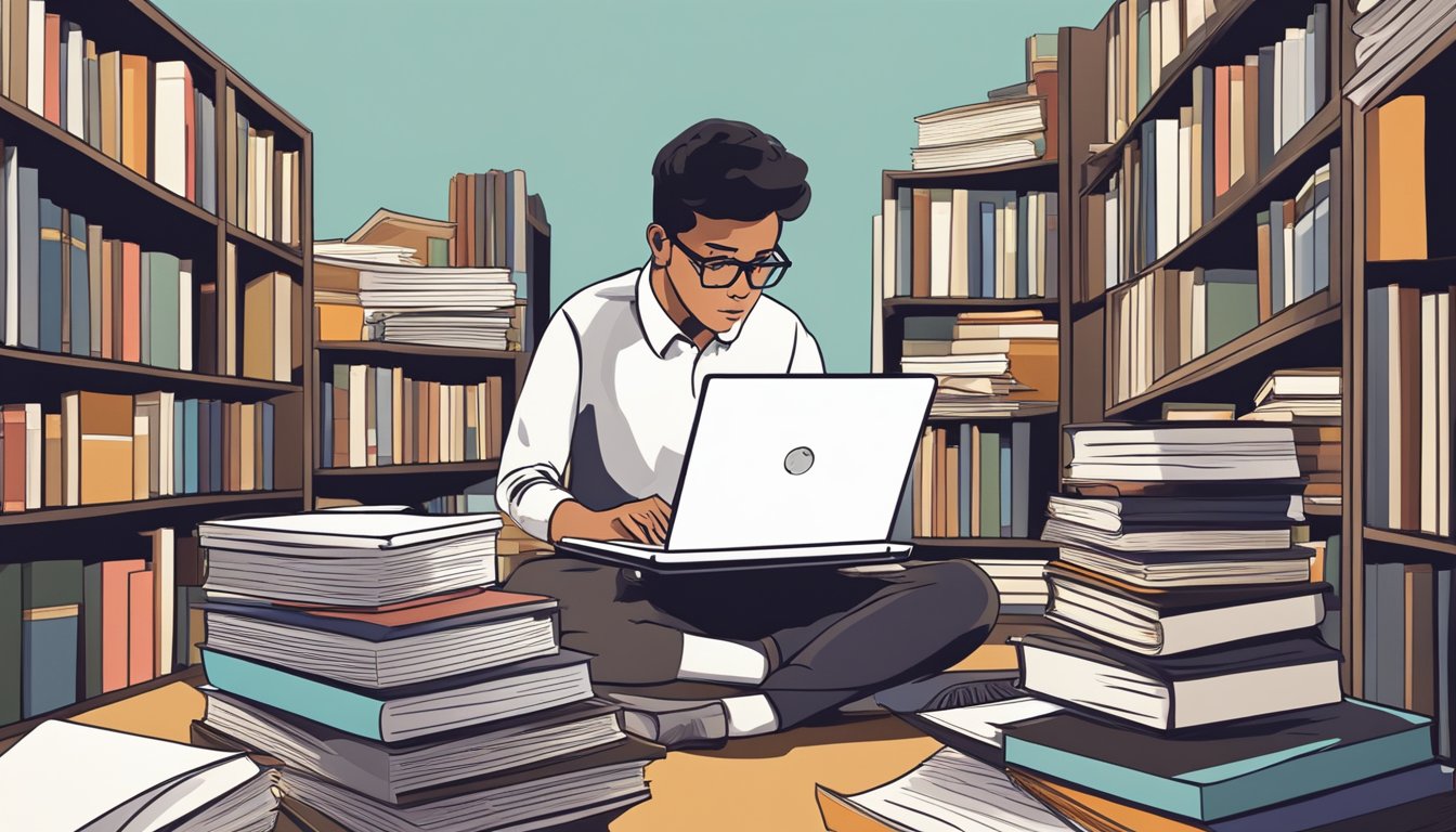 A person researching on a laptop, surrounded by books and papers, with a concerned expression