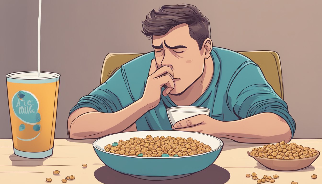 A person hunched over in discomfort, clutching their stomach with a grimace on their face, while a glass of milk and a bowl of cereal sit untouched on the table