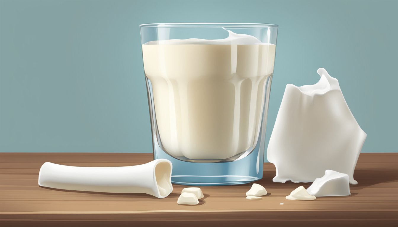 A glass of spilled milk next to a broken bone