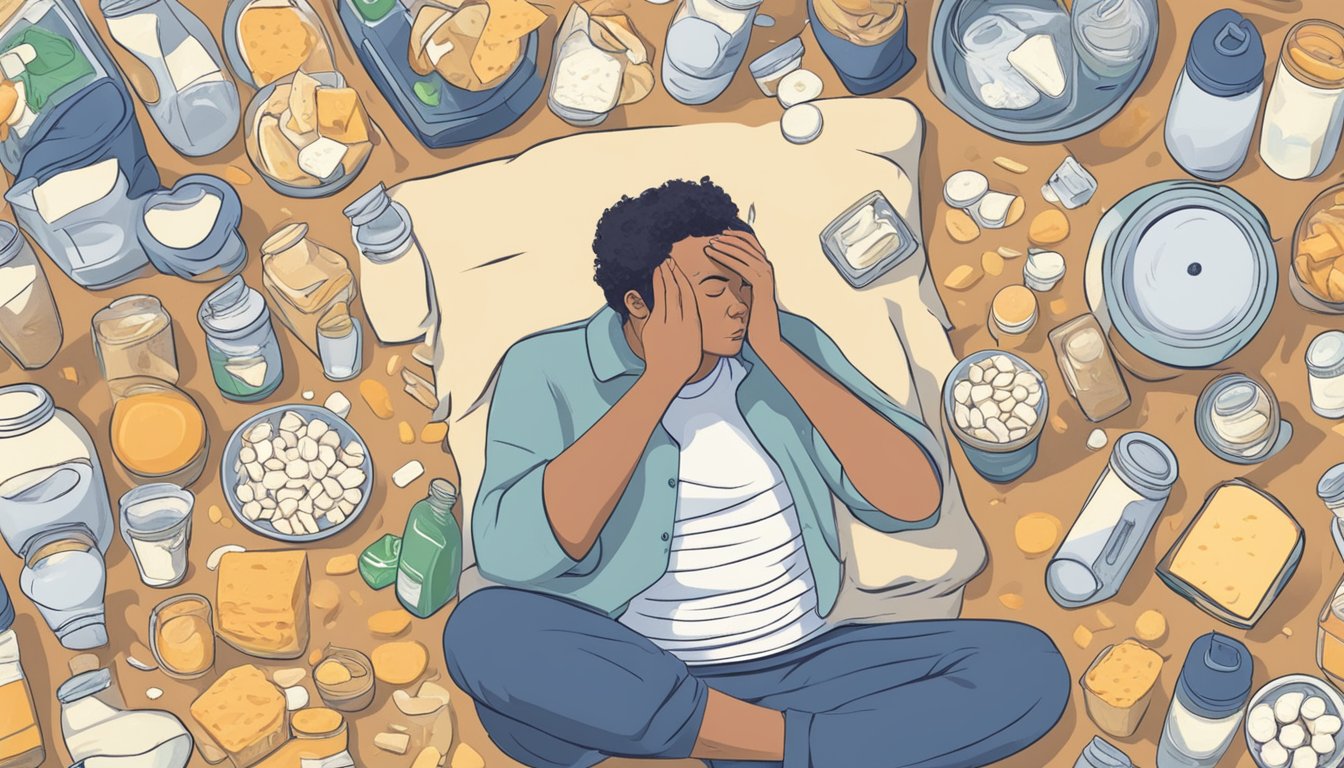 A person struggling to stay awake, surrounded by dairy products and feeling fatigued