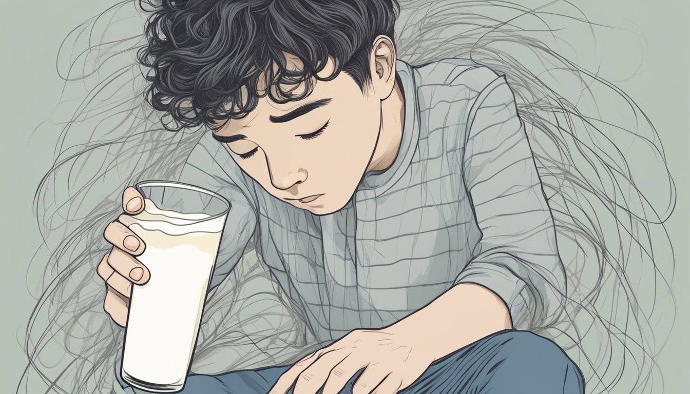 A person holding a glass of milk with a sad expression, surrounded by fallen strands of hair