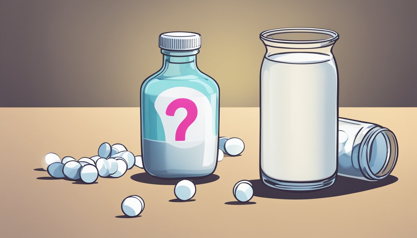 A bottle of levothyroxine pills next to a glass of milk, with a question mark hovering above them