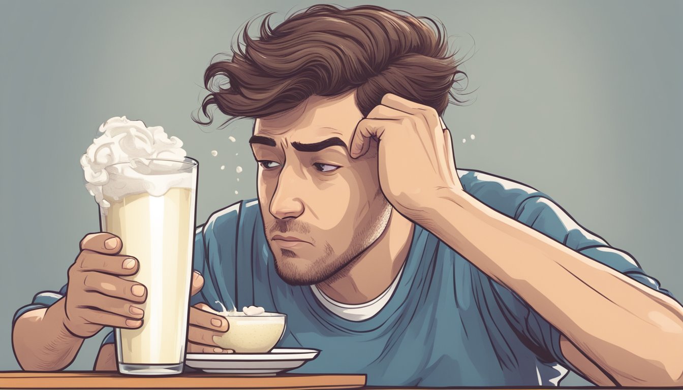 A person with lactose intolerance looking at a handful of hair in their hand and a glass of milk, with a worried expression on their face