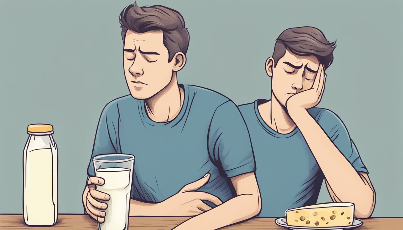 A person experiencing discomfort after consuming dairy, with a focus on the stomach and a worried expression