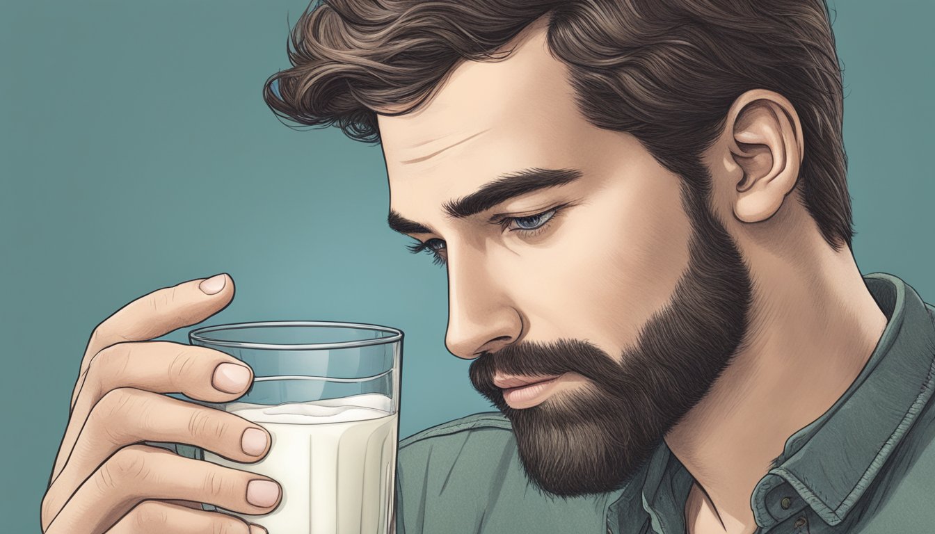 A person holding a glass of milk, looking at clumps of hair in their hand