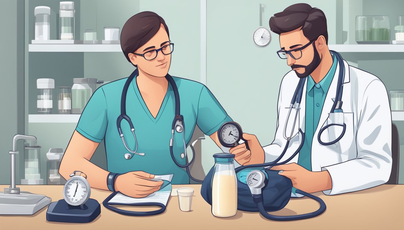 A person experiencing high blood pressure after consuming dairy, with a doctor discussing lactose intolerance and its impact on health