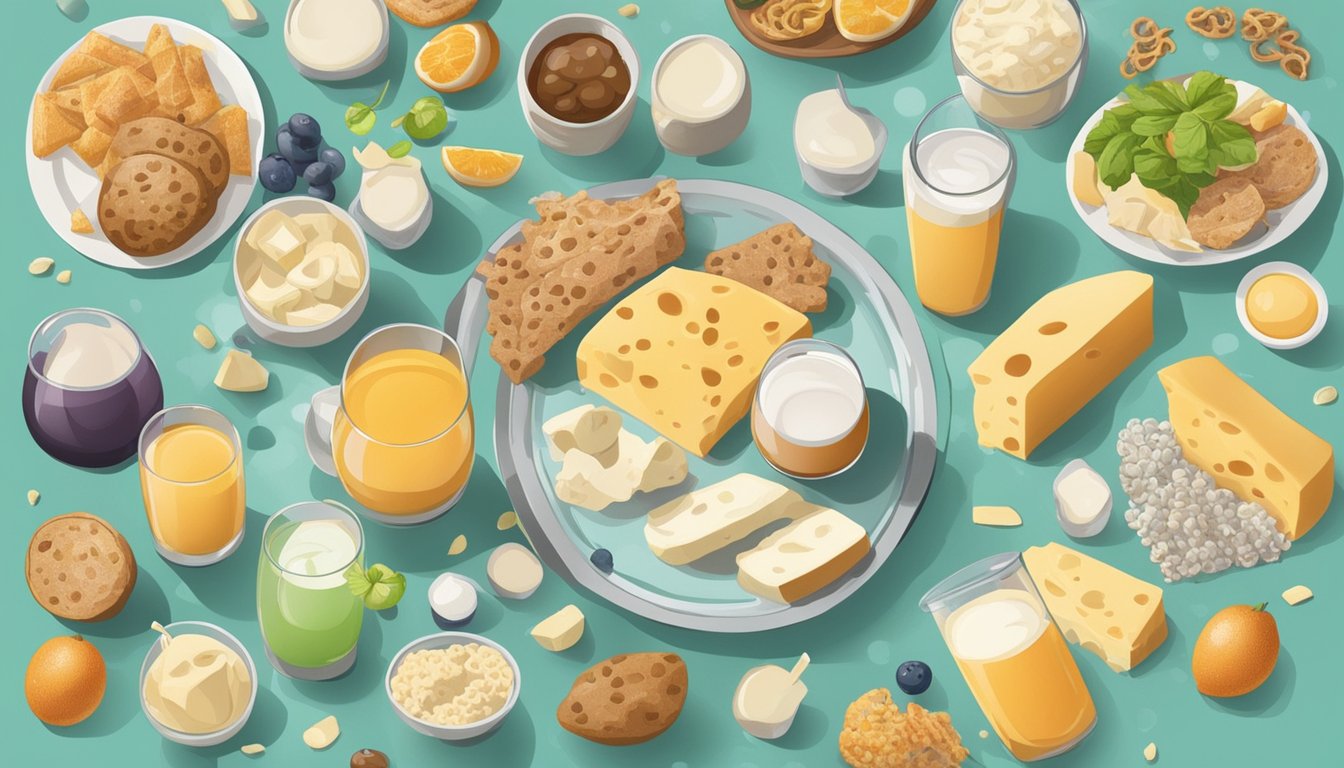 A person avoiding dairy while surrounded by various foods and drinks, with a kidney stone in the background